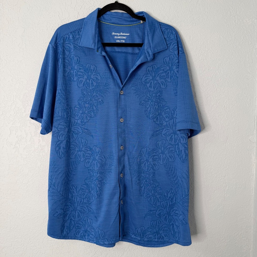 Tommy‎ Bahama IslandZone Mens XXL Blue Tonal Floral Jacquard Button Down Shirt